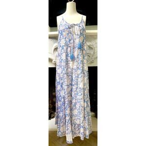 Yatra Dress Cotton Bohemian Metallic Threads White Blue Floral Tassel Long M